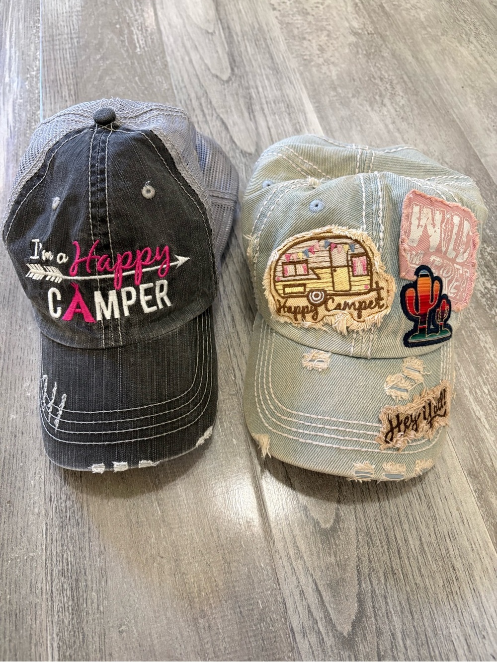 Distressed 'Happy Camper' Embroidered Baseball Caps bundle